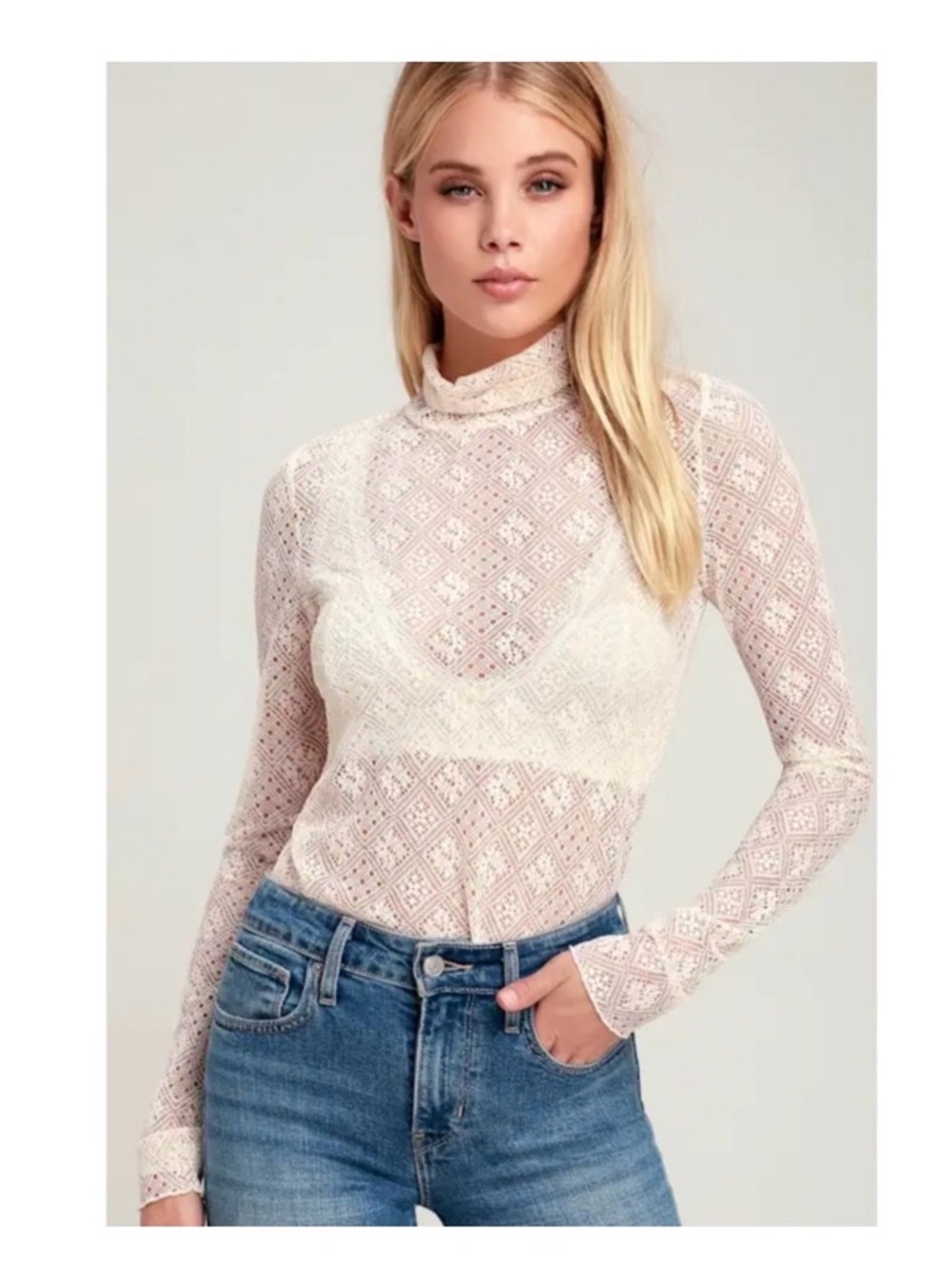 Anthropologie Cream Lace Mock-Neck Long Sleeve Top